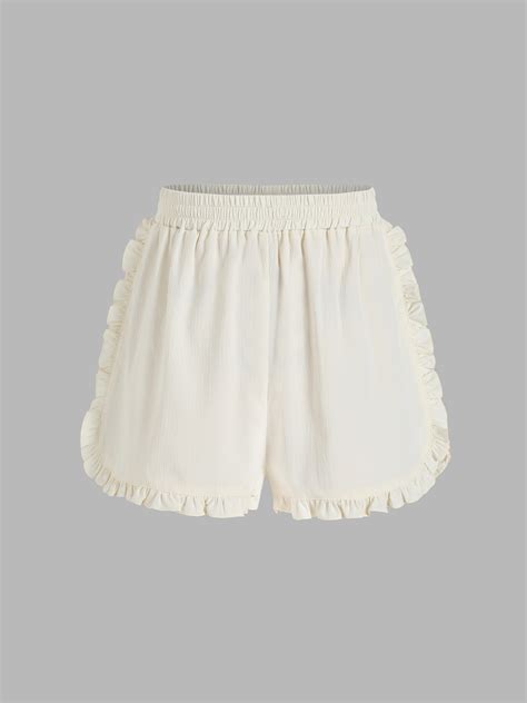 solid ruffle trim shorts|shorts with ruffles at bottom.